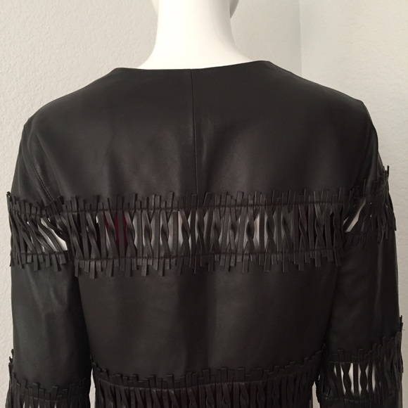 lafayette 148 woven insert crew neck brown leather jacket - Picture 7 of 12